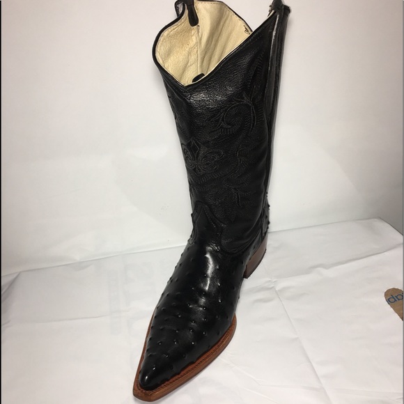 Mens Cowboy Boots Ostrich Print Leather Black